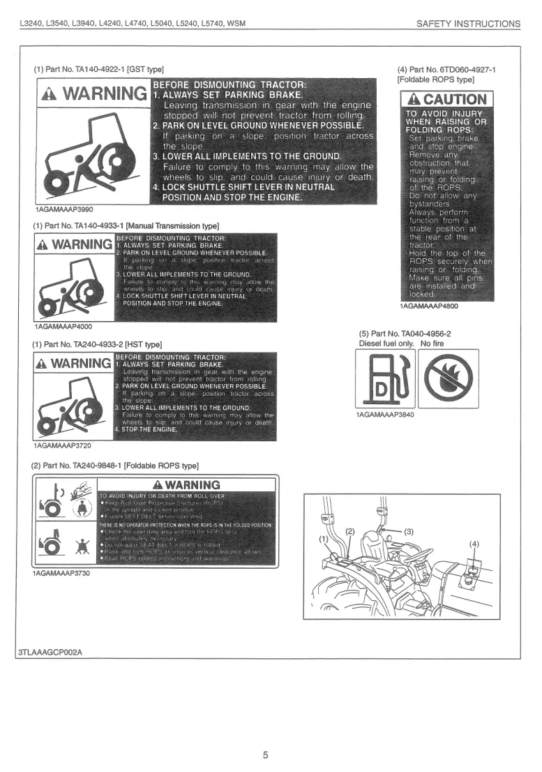Kubota L3240 L3540 L3940 L4240 L4740 L5040 L5240 L5740 Tractor Operator's Manual preview page 6