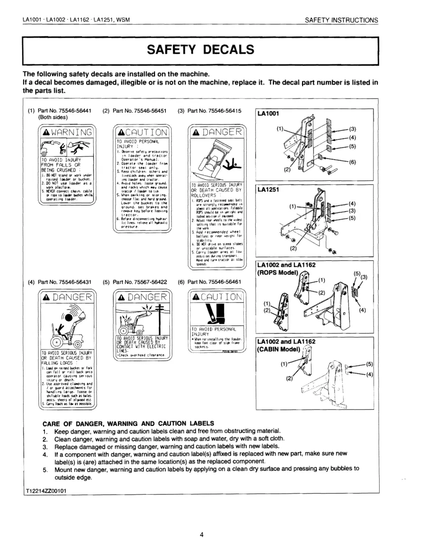 Kubota LA1001 LA1002 LA1162 LA1251 Front END Loader Service & Repair Manual preview page 4