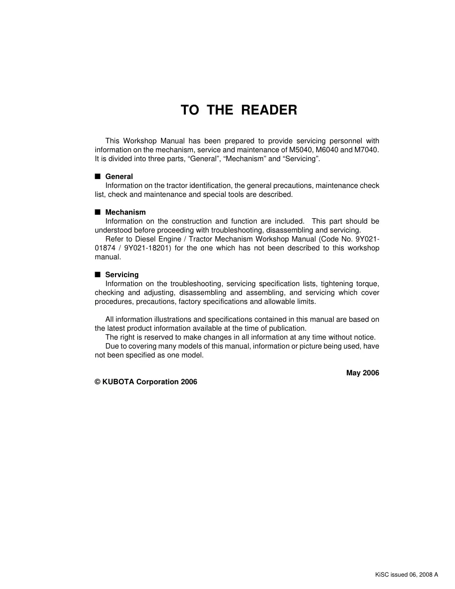 Kubota M7040 Tractor Service & Repair Manual preview page 2