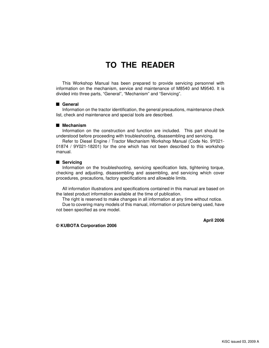 Kubota M8540 Tractor Service & Repair Manual preview page 2