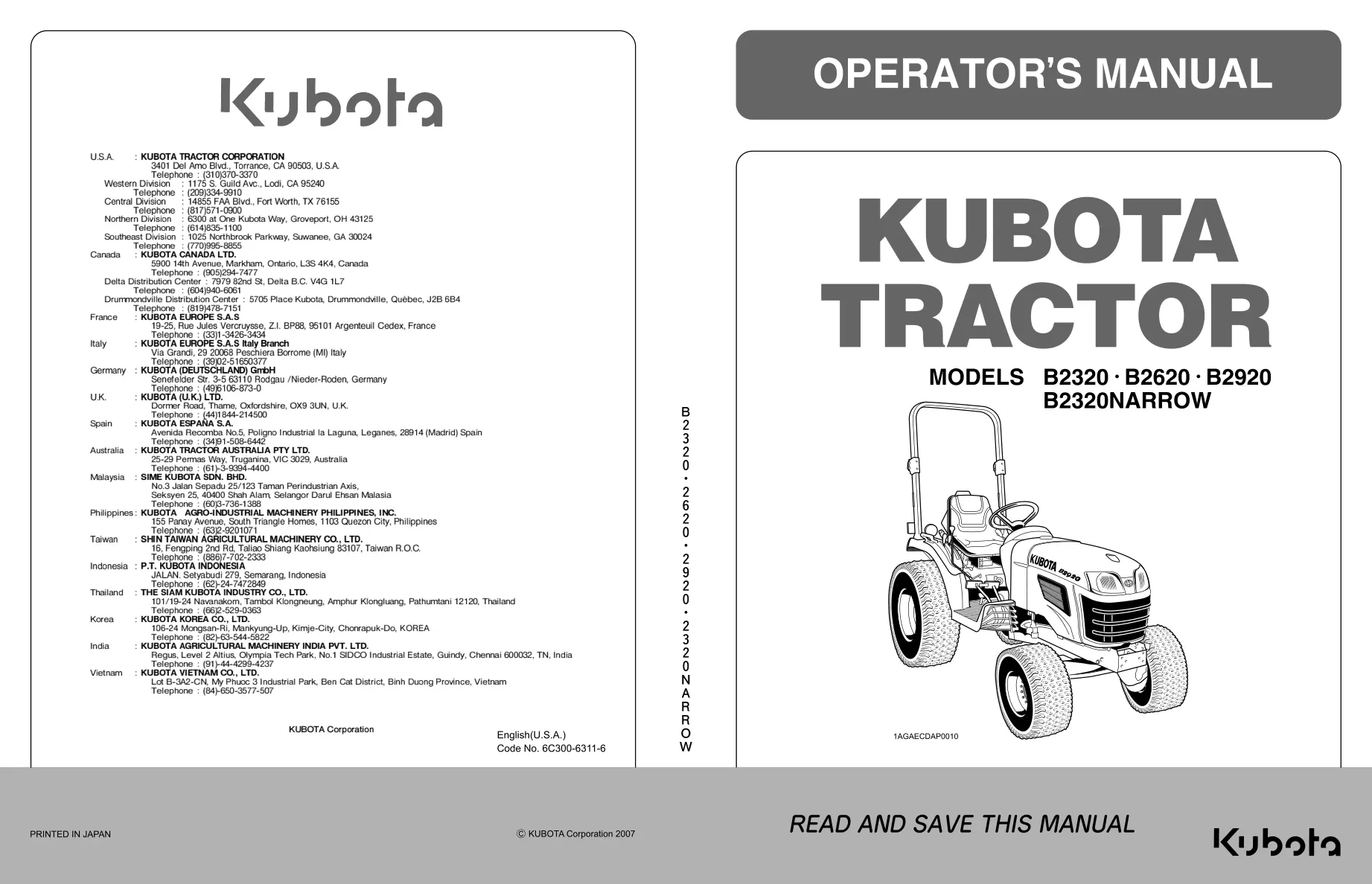 Kubota Tractor B2320 B2620 B2920 B2320Narrow Operator's Manual preview page 1