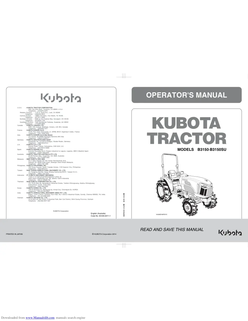 Kubota tractor B3150 B3150SU Operator's Manual preview page 1