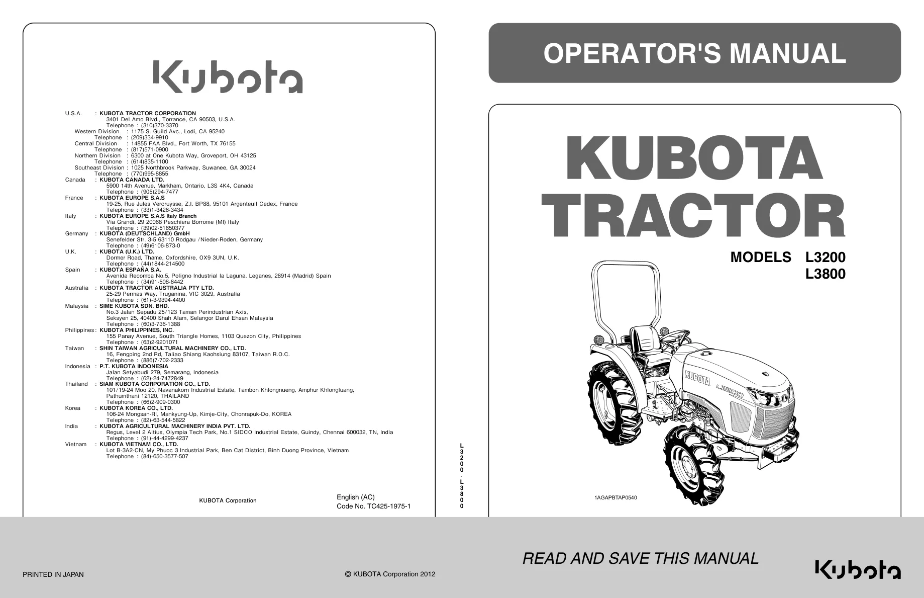 Kubota Tractor L3200 L3800 Operator's Manual preview page 1