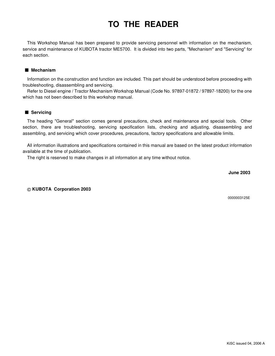 Kubota Tractor ME5700 Service & Repair Manual preview page 2