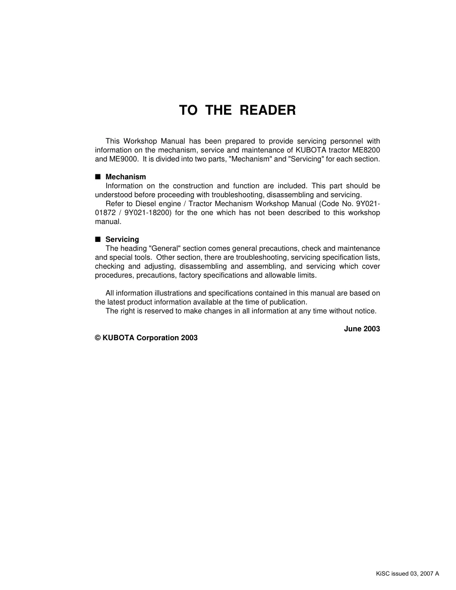 Kubota Tractor ME8200 ME9000 Service & Repair Manual preview page 2