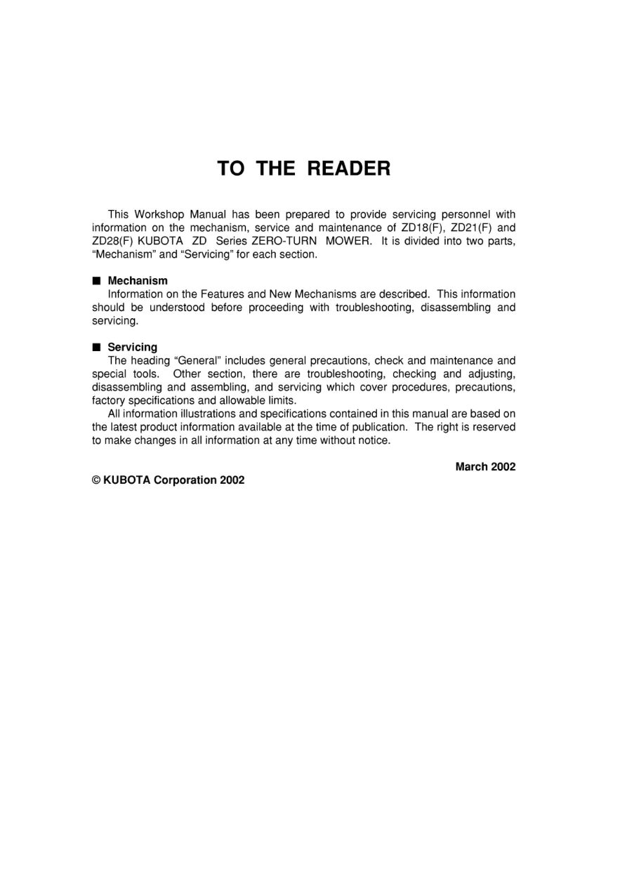 Kubota Zd18 Zd21 Zero Turn Mower Service & Repair Manual preview page 2
