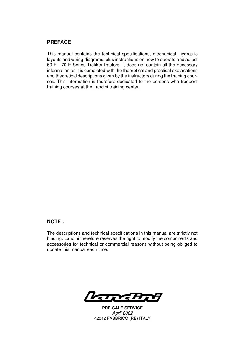 Landini Trekker Compact 60F & 70F Tractor Service & Repair Manual preview page 3