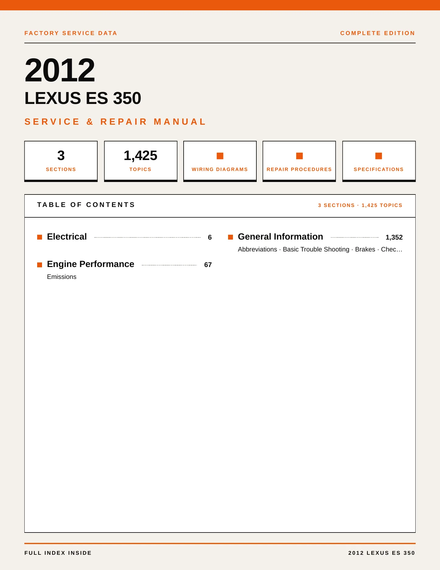 2012 Lexus ES 350 Service and Repair Manual preview page 1