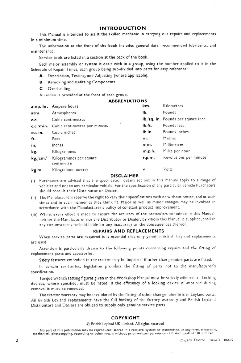 Leyland 255/270 Tractors Service & Repair Manual preview page 2