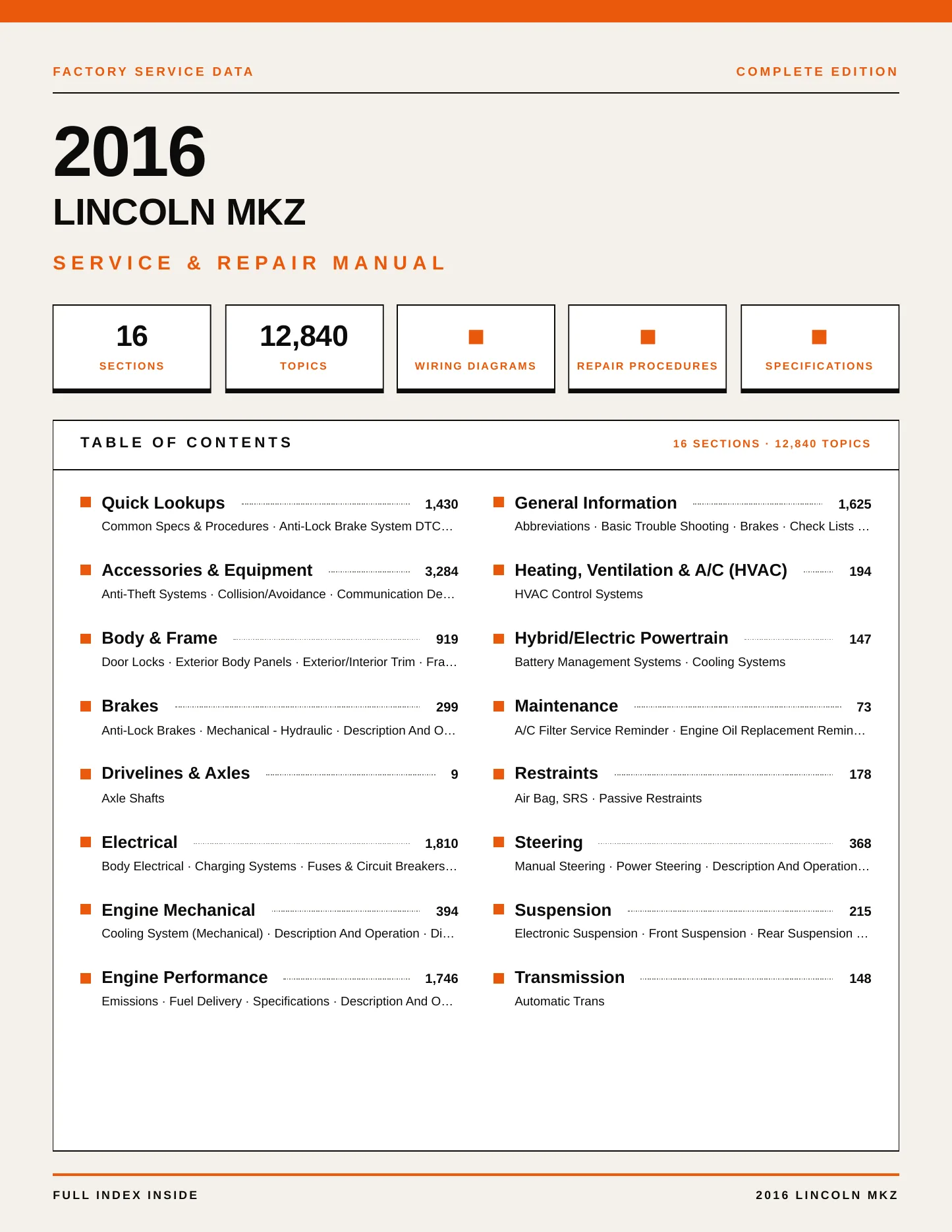 2016 Lincoln MKZ Service and Repair Manual preview page 1