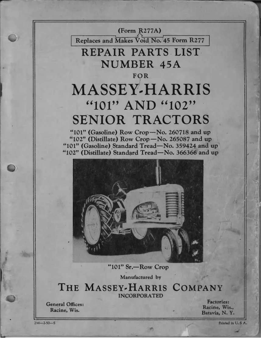 Massey Ferguson Harris 101 102 Senior Tractor Parts Manual preview page 1