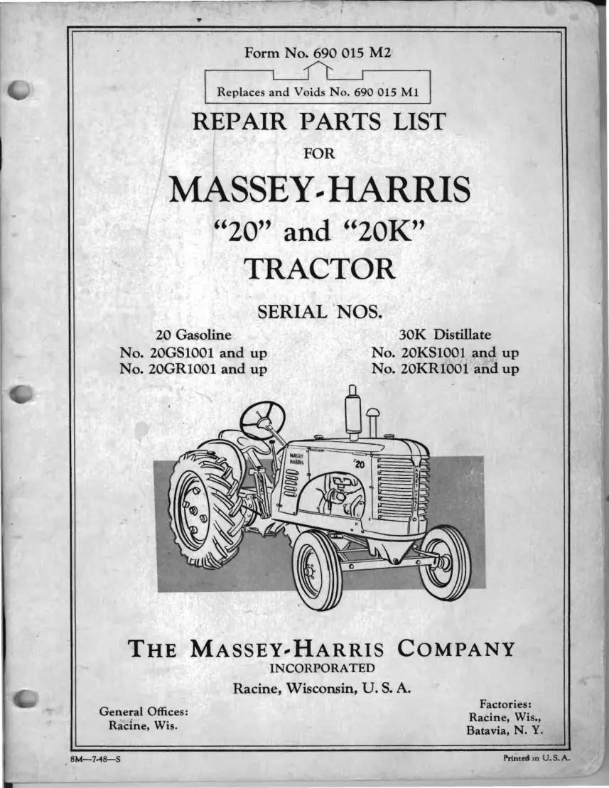 Massey Ferguson Harris 20 20K Tractor Parts Manual preview page 1