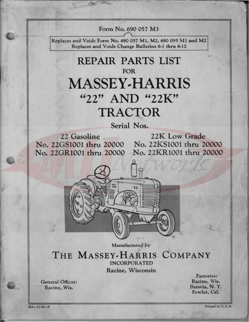 Massey Ferguson Harris 22 22K Tractor Parts Manual preview page 1