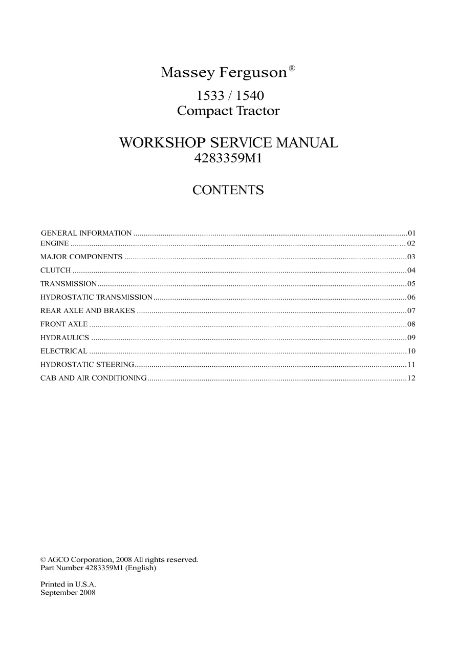 Massey Ferguson MF 1533 Tractor Service & Repair Manual preview page 1