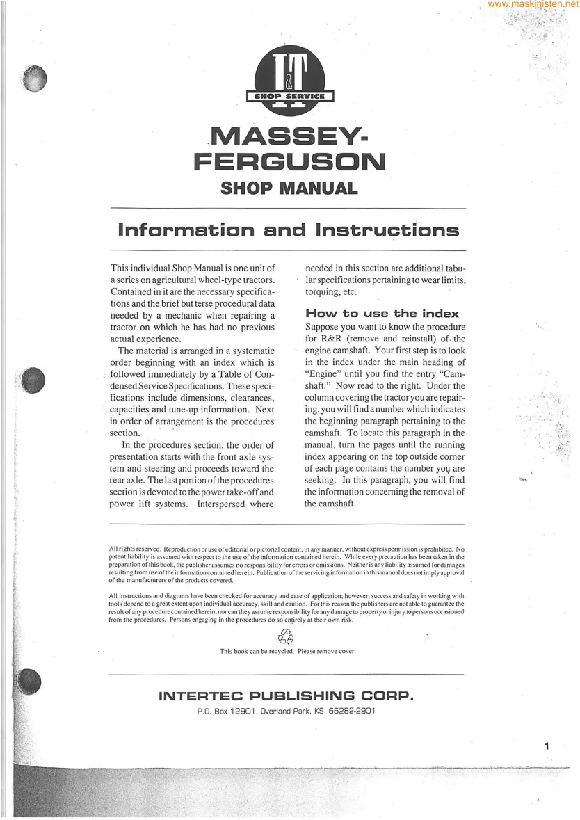Massey Ferguson MF 165 Tractor Service & Repair Manual preview page 2