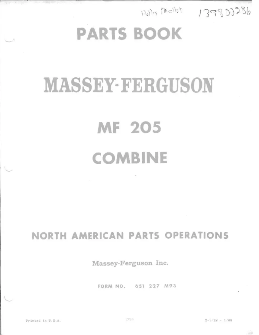 Massey Ferguson MF 205 Combine Parts Manual preview page 1