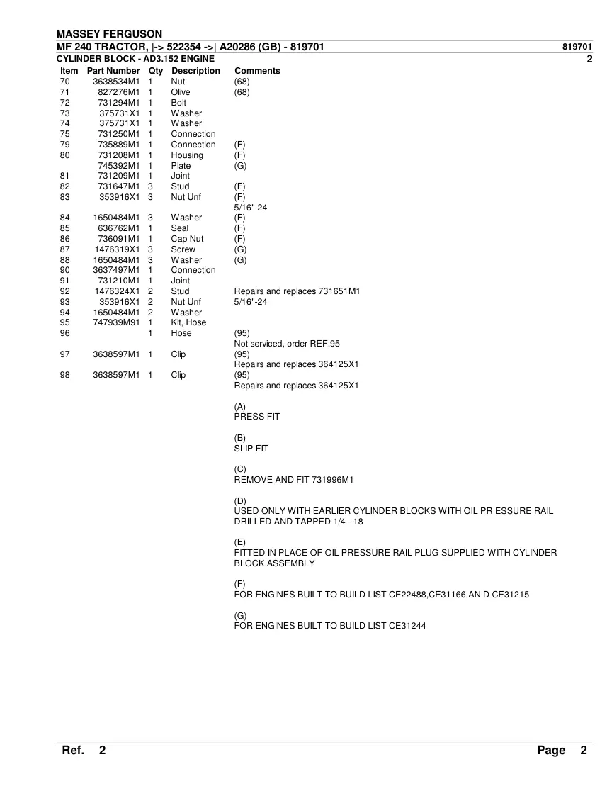 Massey Ferguson MF 240 Tractor Before SN A20286 Parts Manual preview page 5