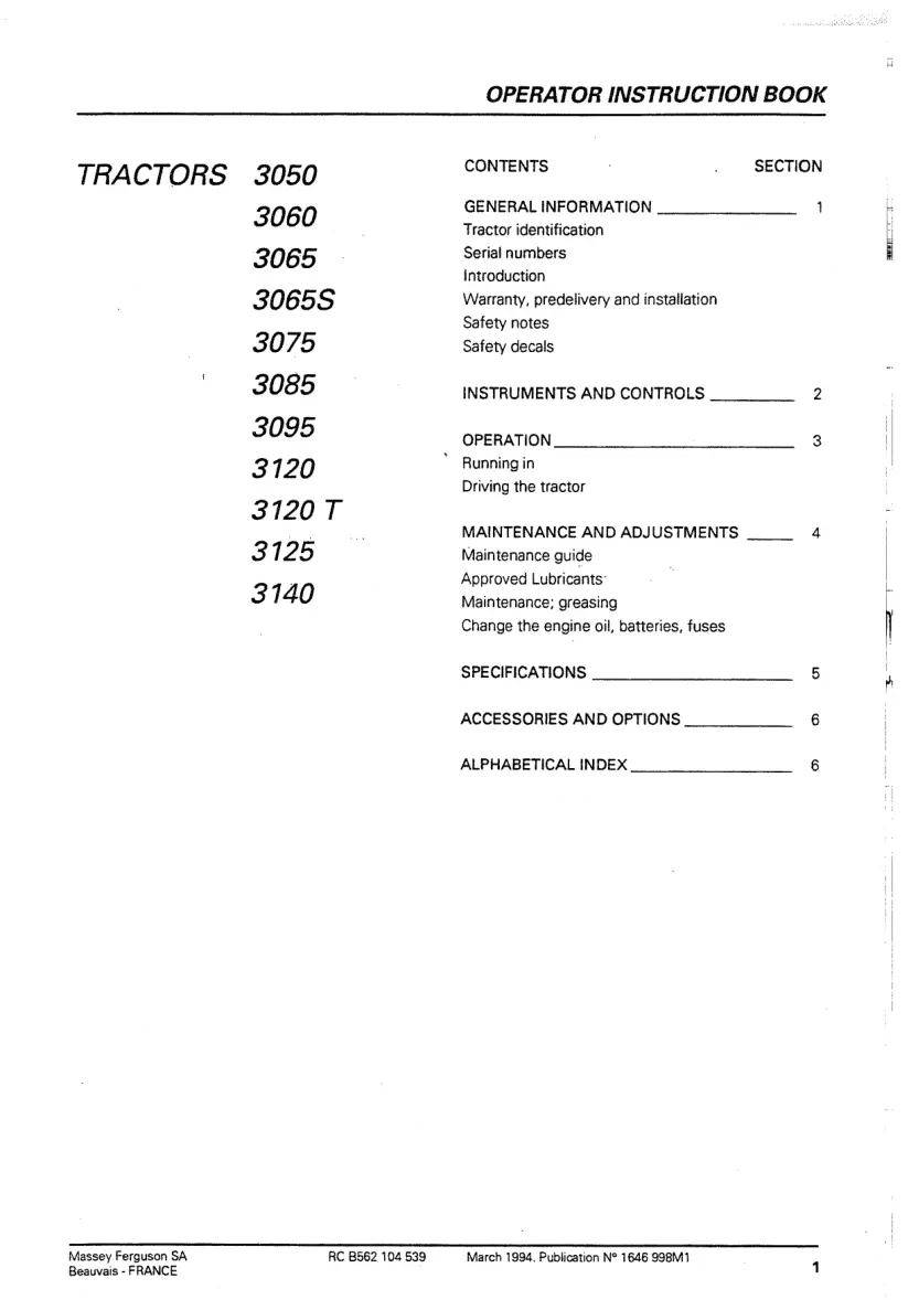 Massey Ferguson MF 3000-3100 Tractor Operator's Manual preview page 1