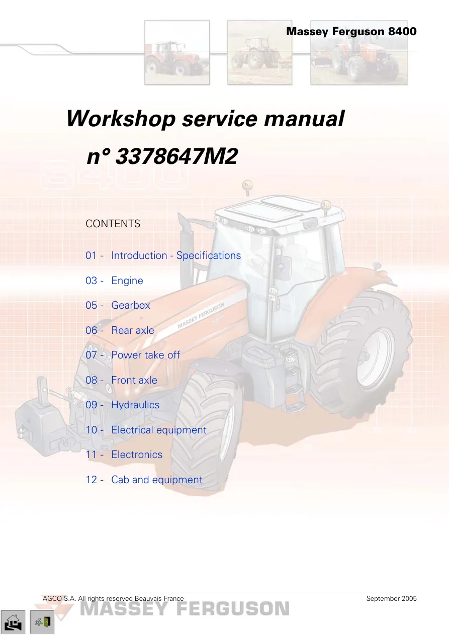 Massey Ferguson MF 8400 Series MF-8450 MF-8460 MF-8470 MF-8480 Tractor Service & Repair Manual preview page 1