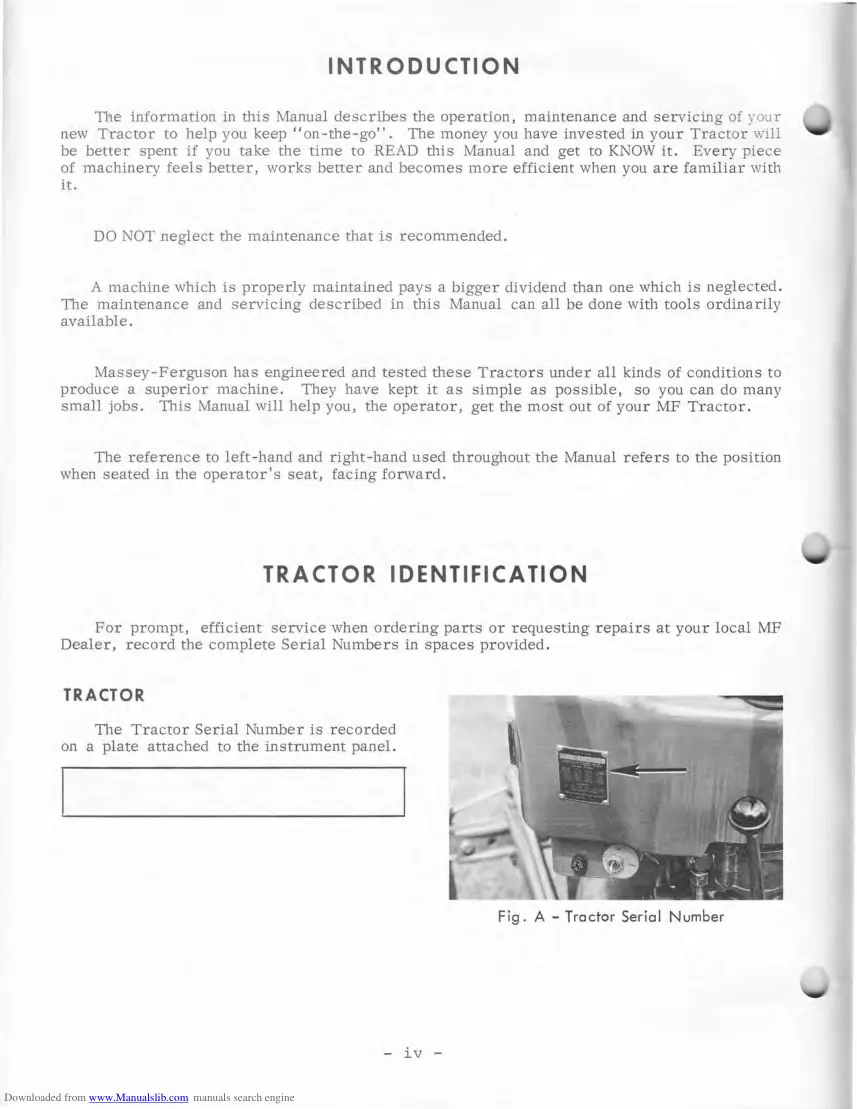 Massey Ferguson MF135 Tractor Operator's Manual preview page 6
