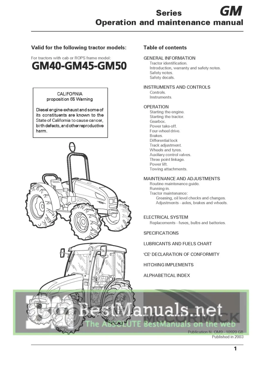 Mccormick GM40 GM45 GM50 Tractor Operation Service & Repair Manual preview page 1