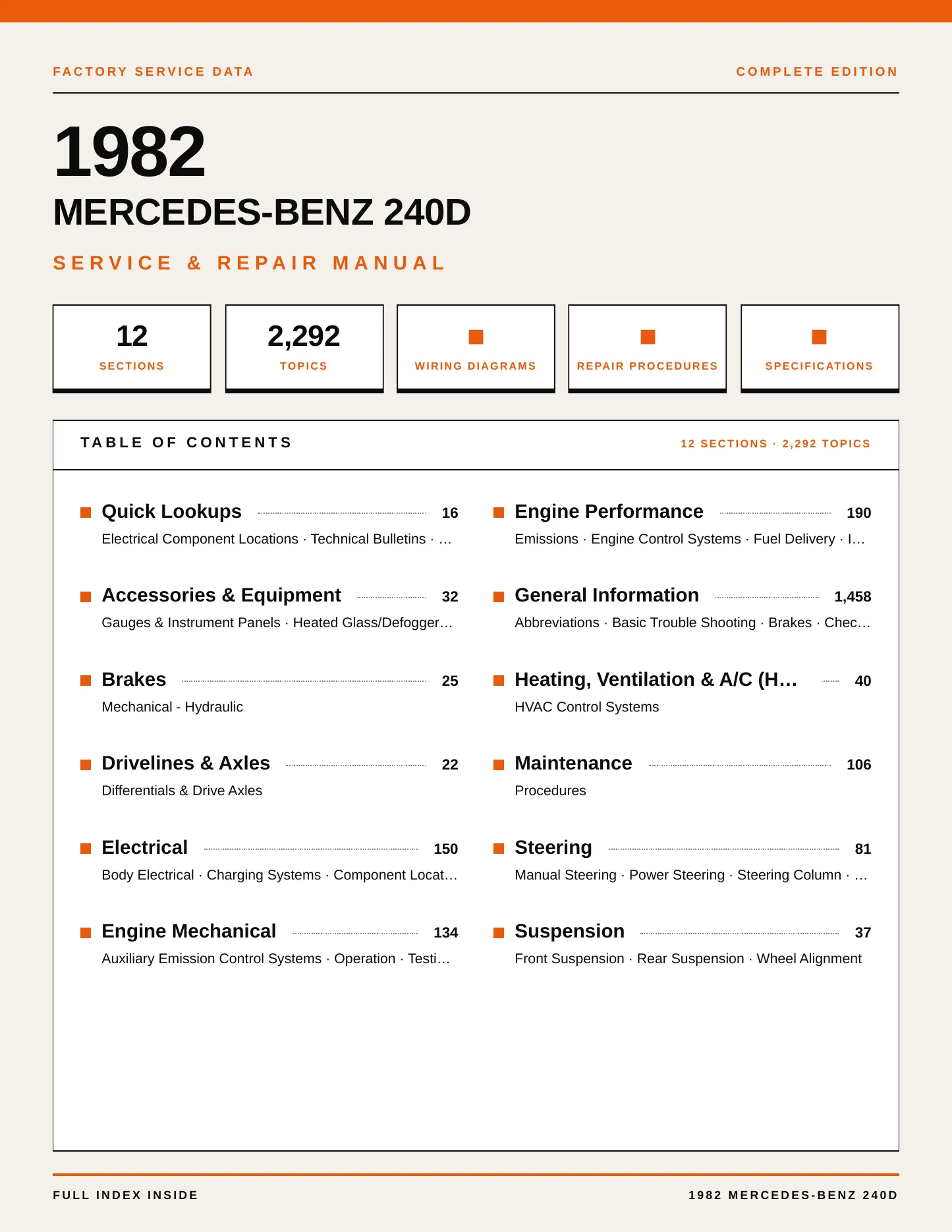 1982 Mercedes-Benz 240D Service and Repair Manual preview page 1
