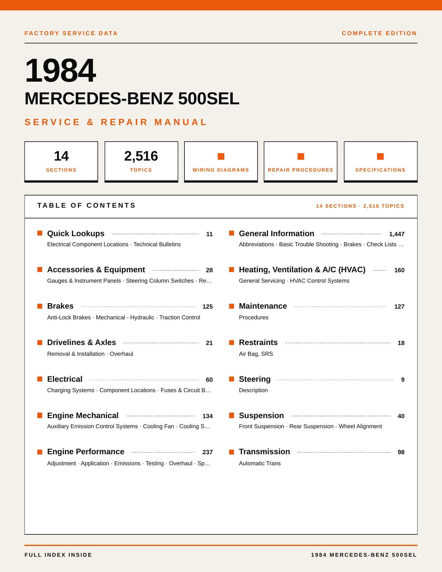 1984 Mercedes-Benz 500SEL Service and Repair Manual preview page 1