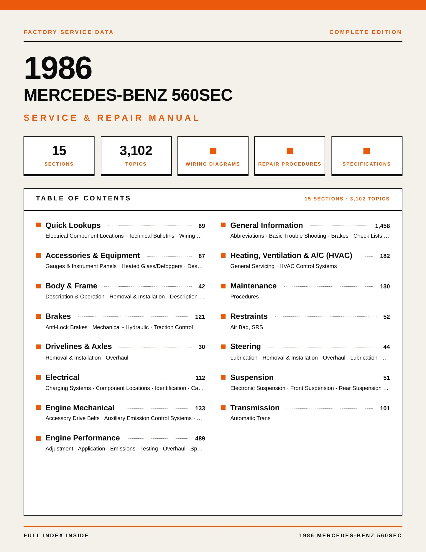 1986 Mercedes-Benz 560SEC Service and Repair Manual preview page 1
