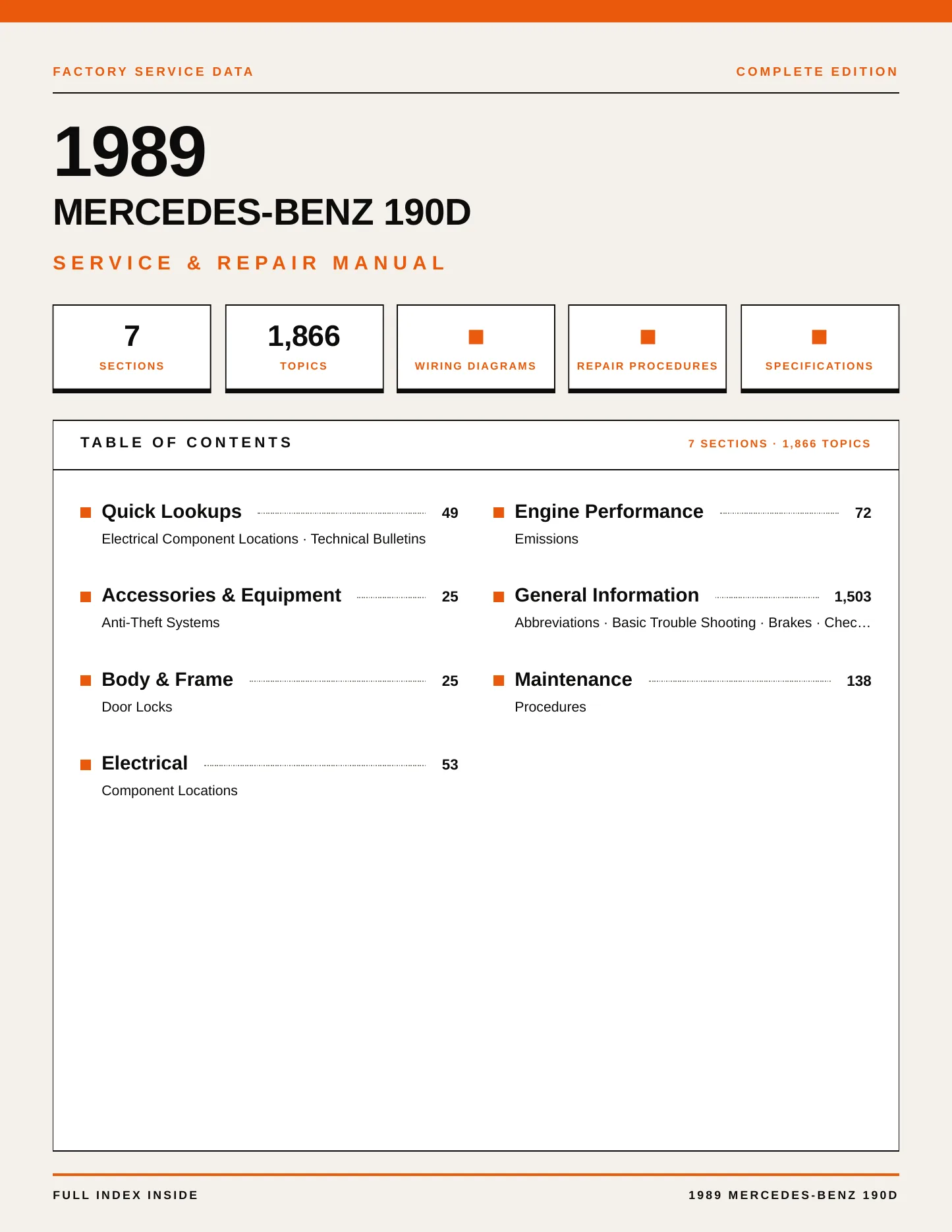 1989 Mercedes-Benz 190D Service and Repair Manual preview page 1