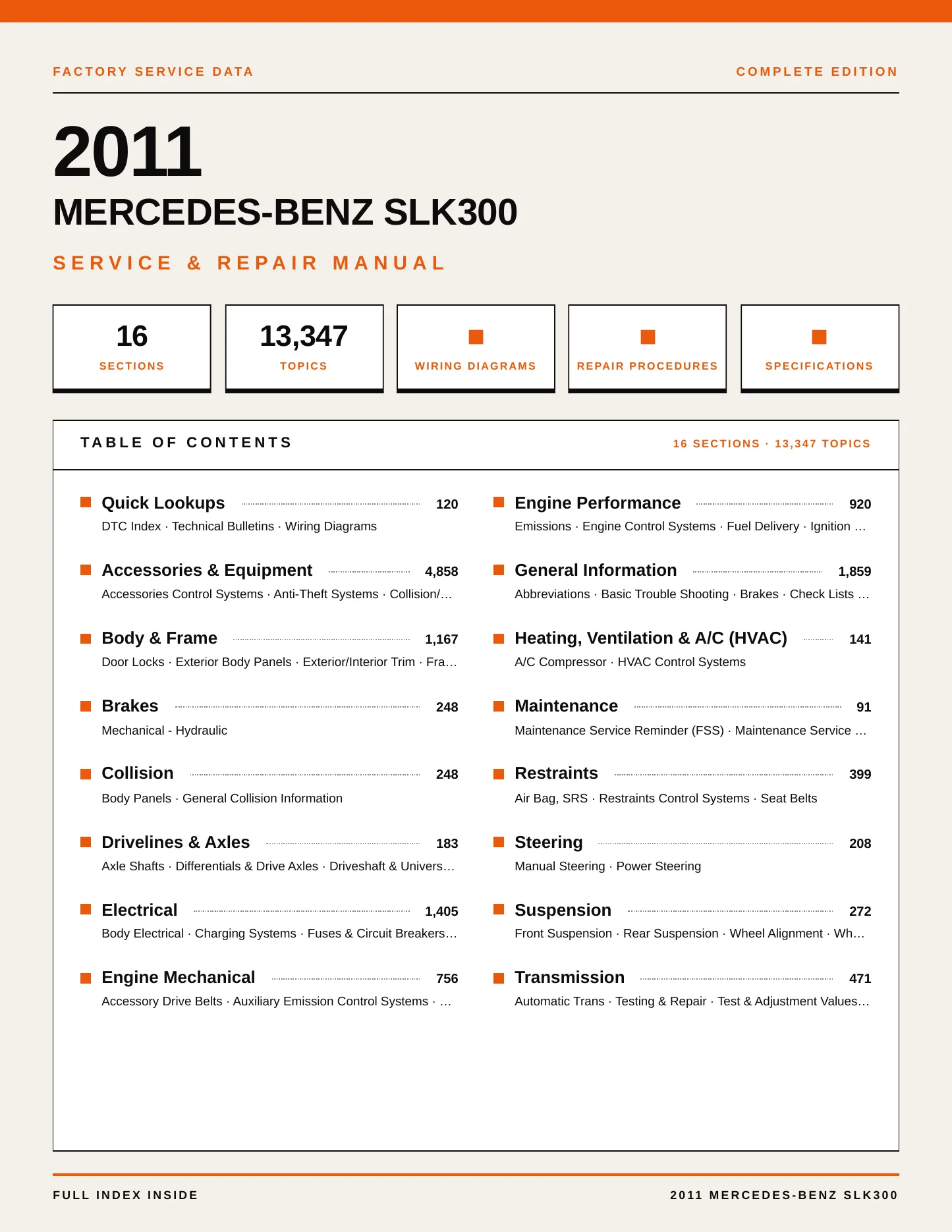 2011 Mercedes-Benz SLK300 Service and Repair Manual preview page 1