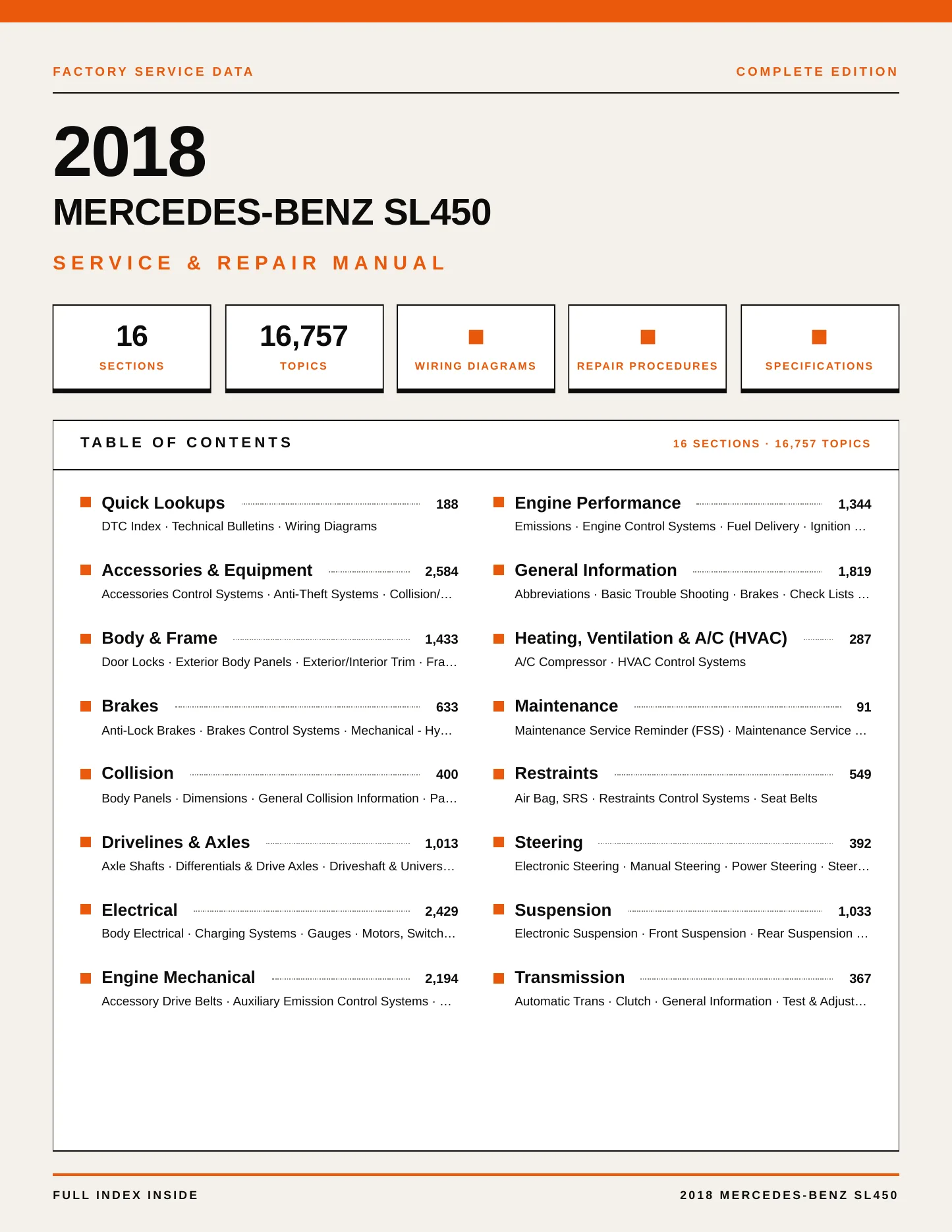 2018 Mercedes-Benz SL450 Service and Repair Manual preview page 1