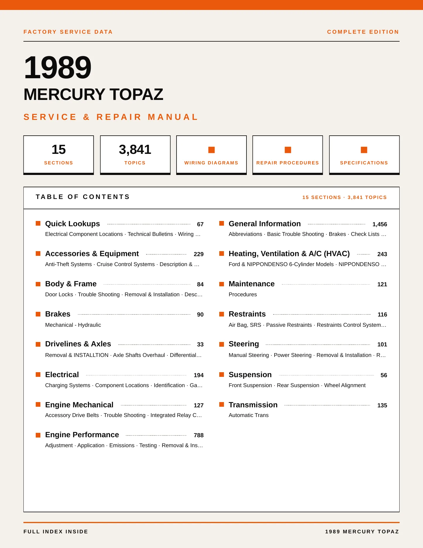 1989 Mercury Topaz service manual page 1