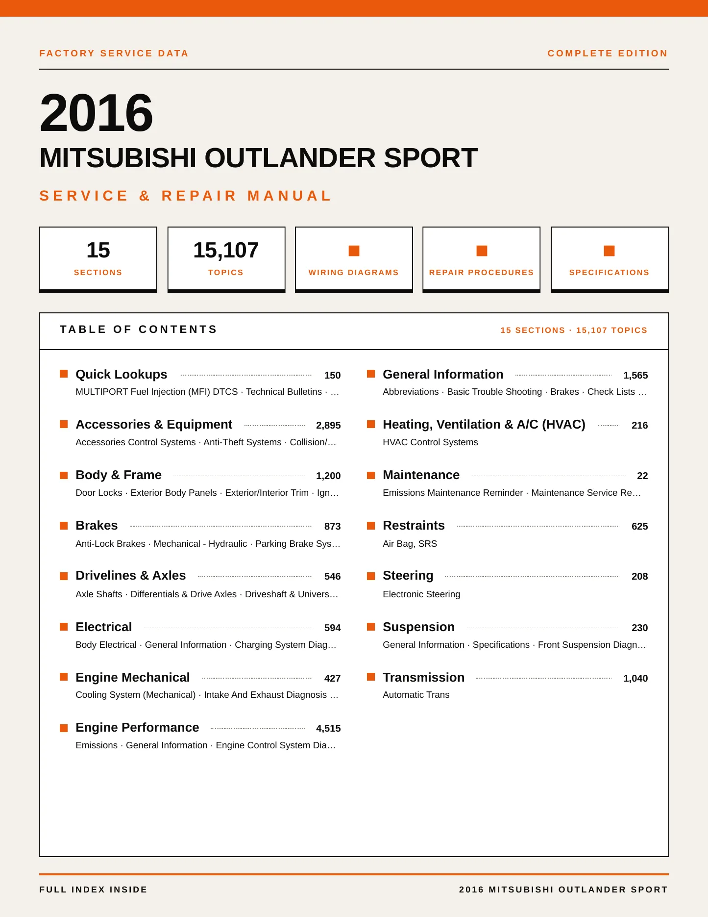 2016 Mitsubishi Outlander Sport Service and Repair Manual preview page 1