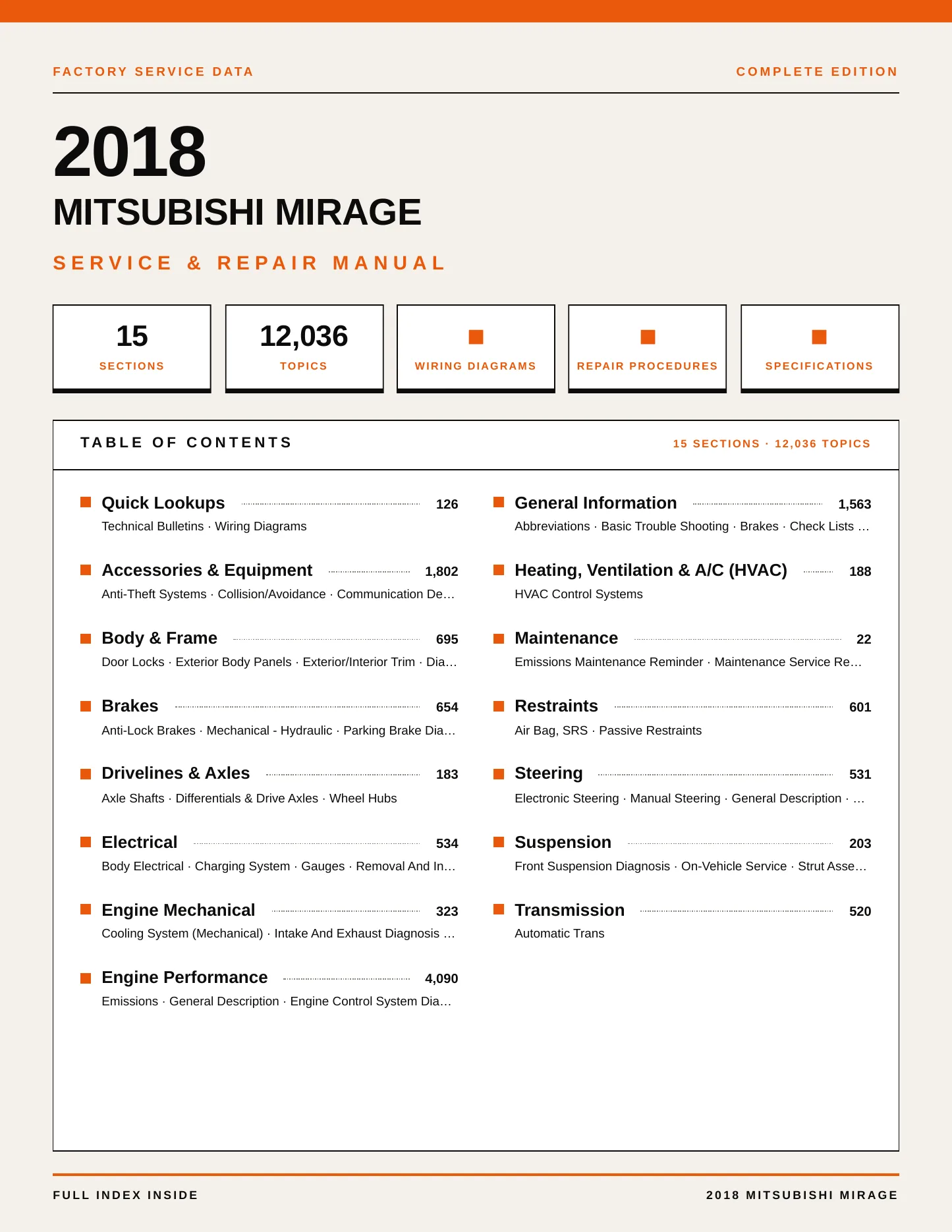 2018 Mitsubishi Mirage Service and Repair Manual preview page 1