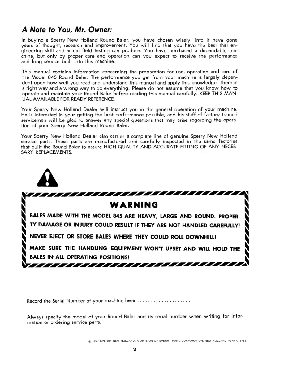 New Holland 845 Round Baler Operator's Manual preview page 2