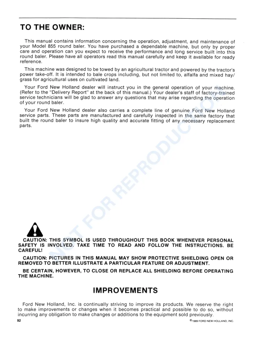 New Holland 855 Round Baler Operator's Manual preview page 2