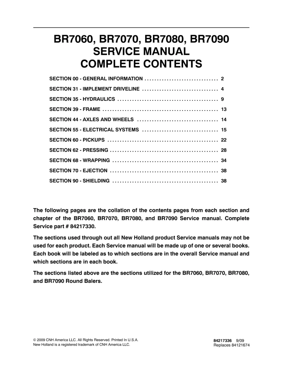 New Holland BR7060 BR7070 BR7080 BR7090 Baler Service & Repair Manual preview page 1