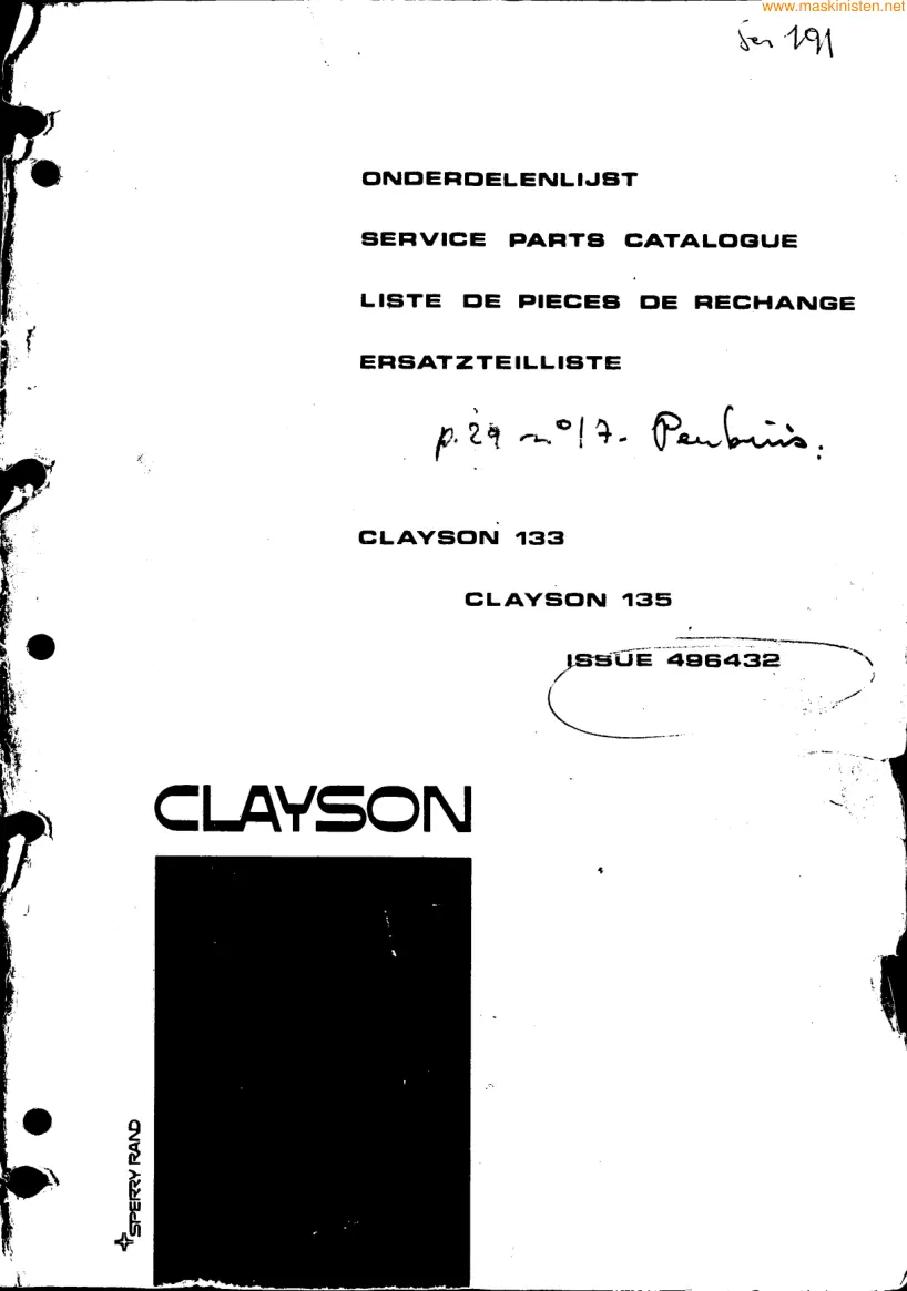 New Holland Clayson 133 135 Combine Parts Manual preview page 1