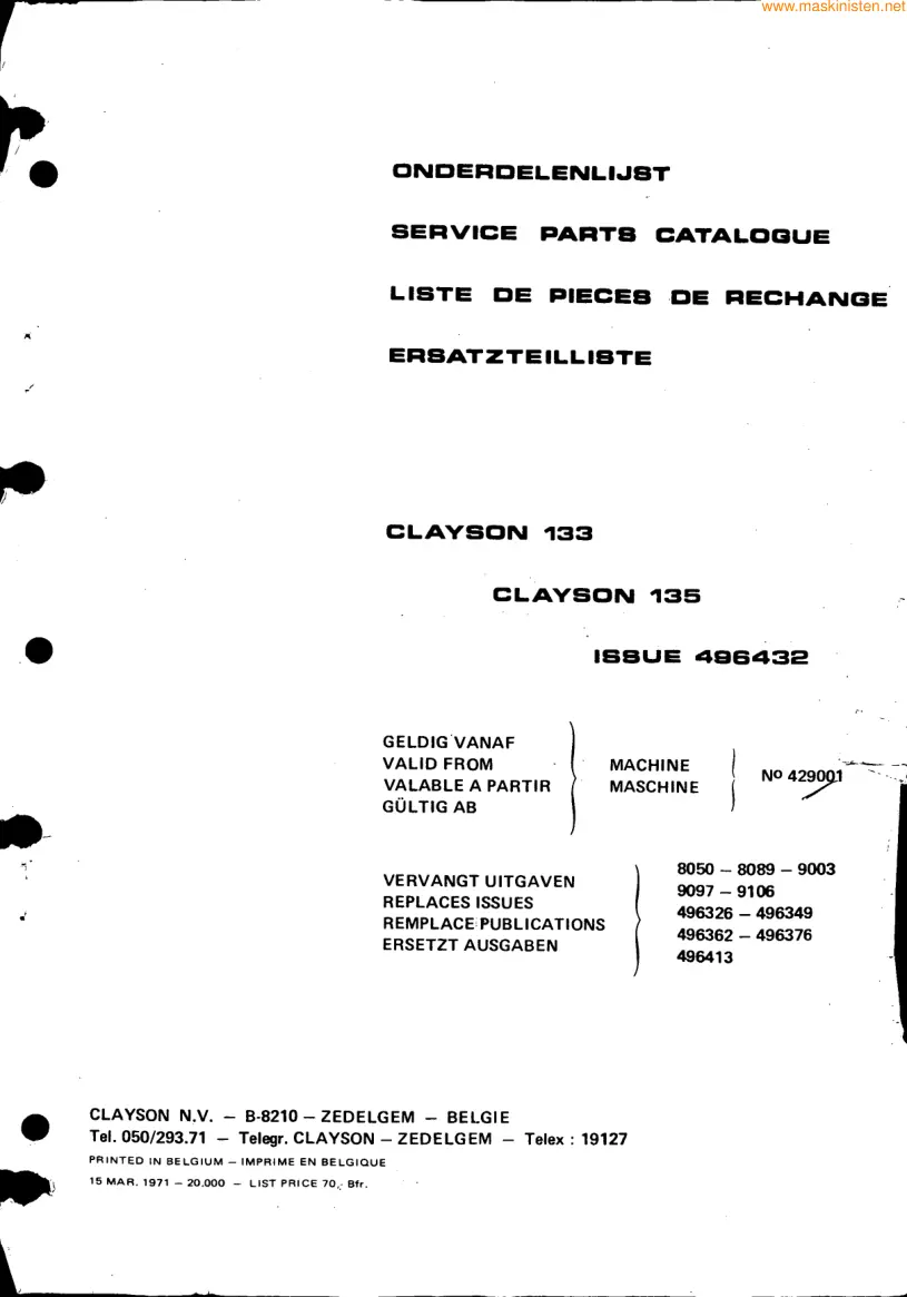 New Holland Clayson 133 135 Combine Parts Manual preview page 2