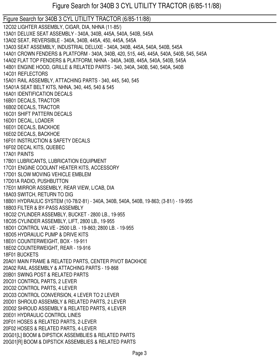 New Holland Ford 340B 3 Cylinder Utility Tractor Master Parts Manual preview page 5