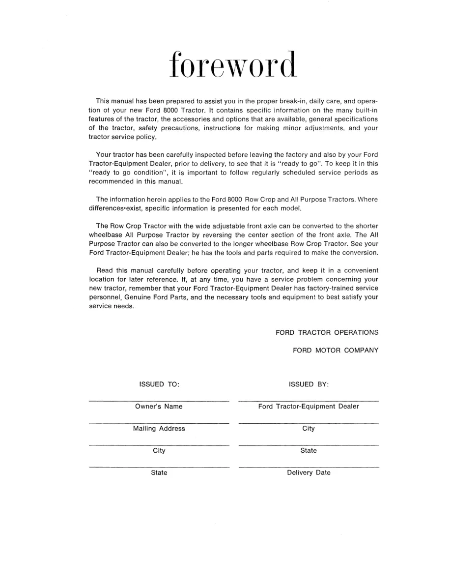 New Holland Ford 8000 Tractor Operator's Manual preview page 2