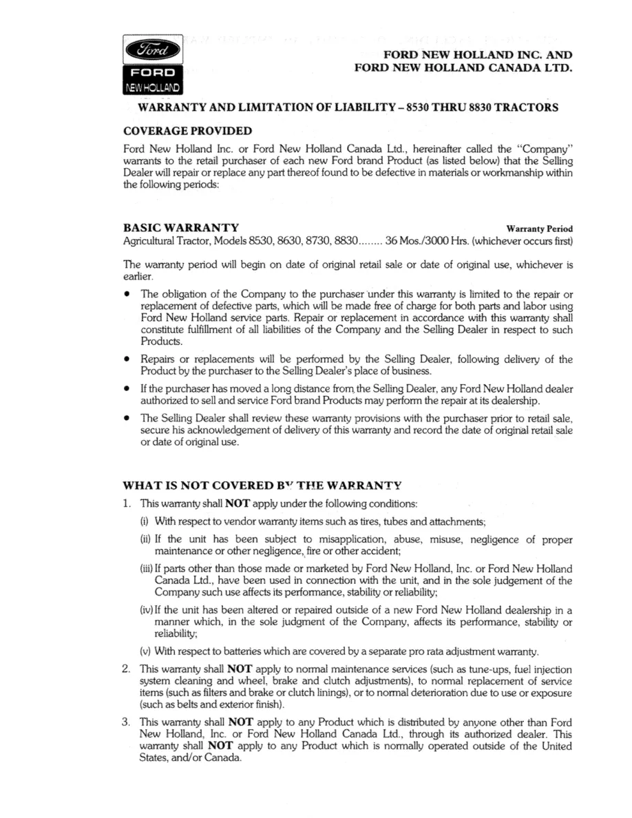 New Holland Ford 8530 8630 8730 8830 Tractor Operator's Manual preview page 5