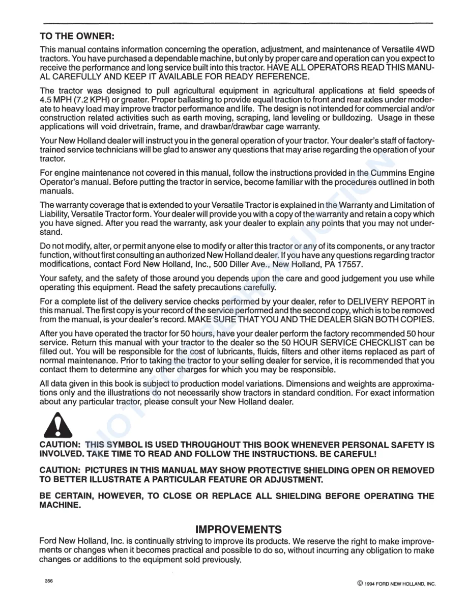 New Holland Ford 9280 9480 9680 9880 Tractor Operator's Manual preview page 2