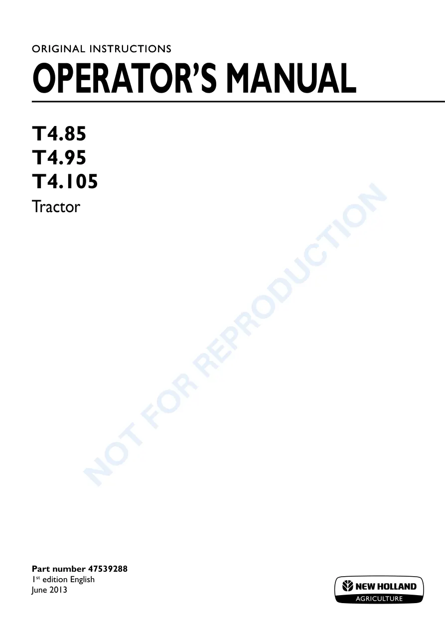 New Holland T4.105 T4.85 T4.95 Tractor Operator's Manual preview page 1