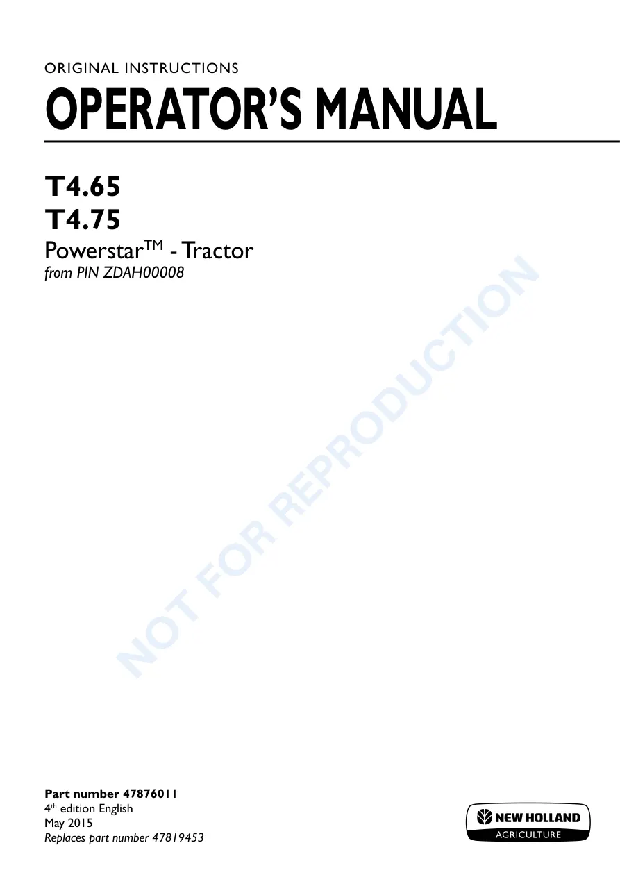 New Holland T4.65 T4.75 Powerstar Tractor Operator's Manual preview page 1