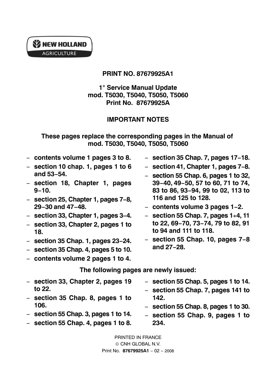 New Holland T5030 T5040 T5050 T5060 T5070 Tractor Service & Repair Manual preview page 3