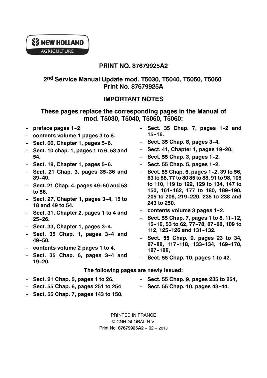 New Holland T5030 T5040 T5050 T5060 T5070 Tractor Service & Repair Manual preview page 5