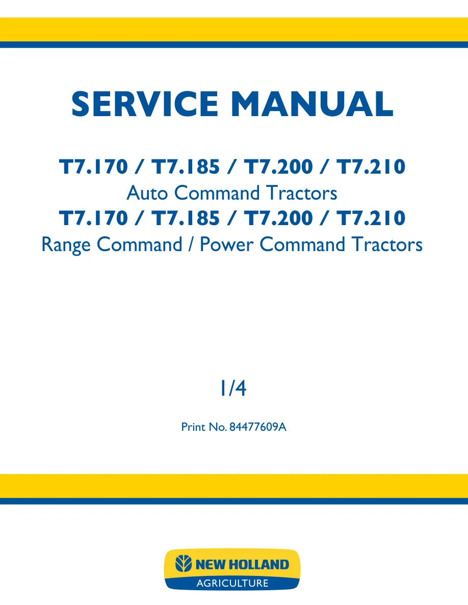 New Holland T7.170 & T7.185 T7.200 T7.210 Tractor Service & Repair Manual preview page 1