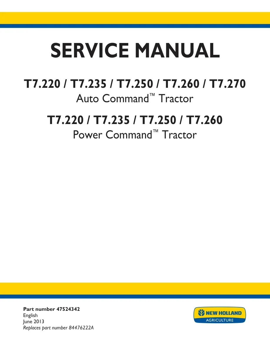 New Holland T7.250 T7.260 Auto Command Power Tractor Service & Repair Manual preview page 1