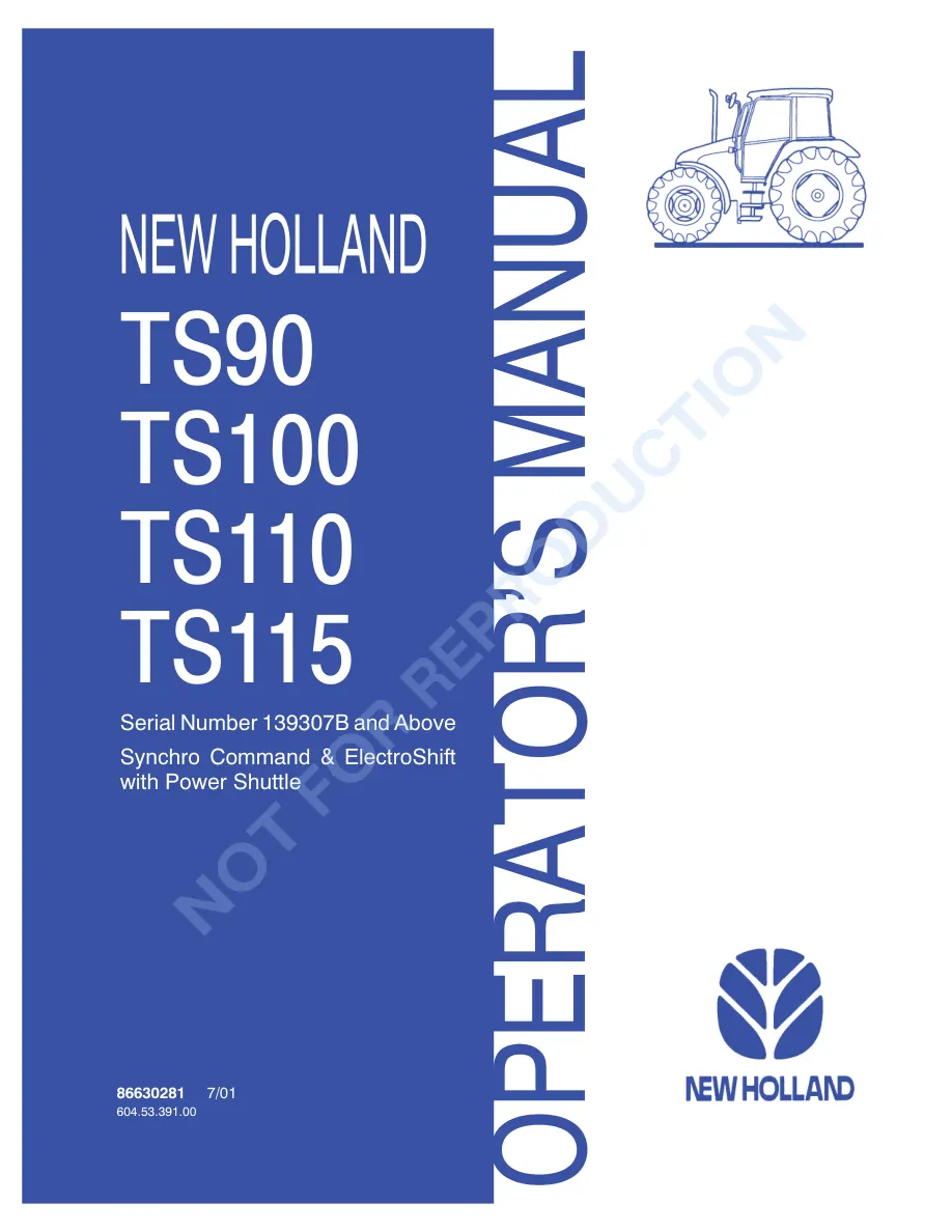 New Holland TS90 TS100 TS110 TS115 Synchro COMMand Electroshift With Power Shuttle Tractor Operator's Manual preview page 1
